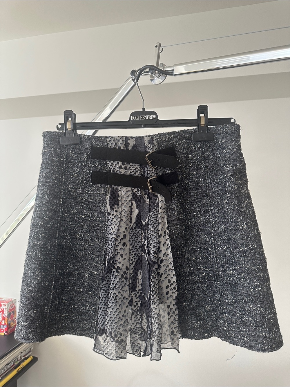 DF mini Black Tweed A-Line Skirt with Printed Chiffon Panel